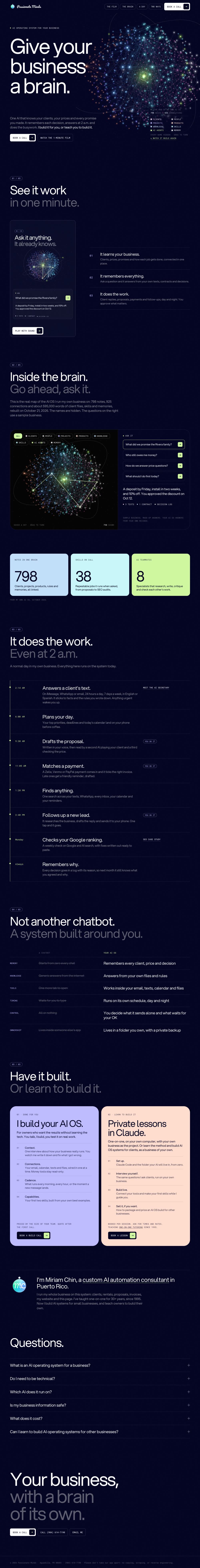The AI operating system case study page scrolling: a colorful knowledge brain, the 1-minute film, the Ask it lab, a day with it, and the two ways to get one