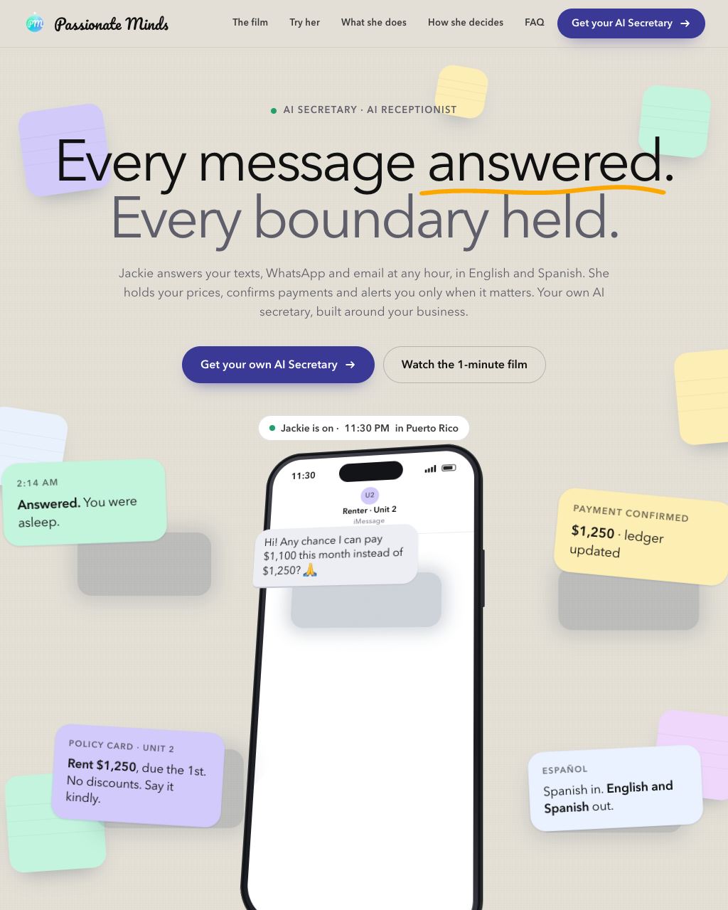 The AI secretary case study page, live: Every message answered, every boundary held, Jackie answering a renter on a 3D phone, the 1-minute film, hand her a message, the pressure test, what she does and what she decides