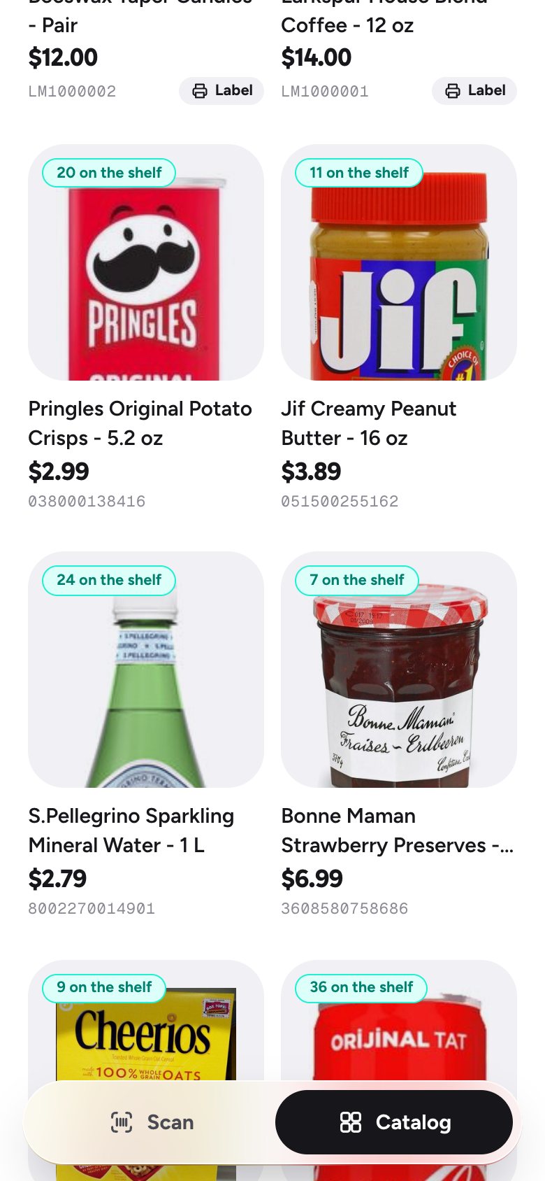 The catalog: product photos with how many are on the shelf