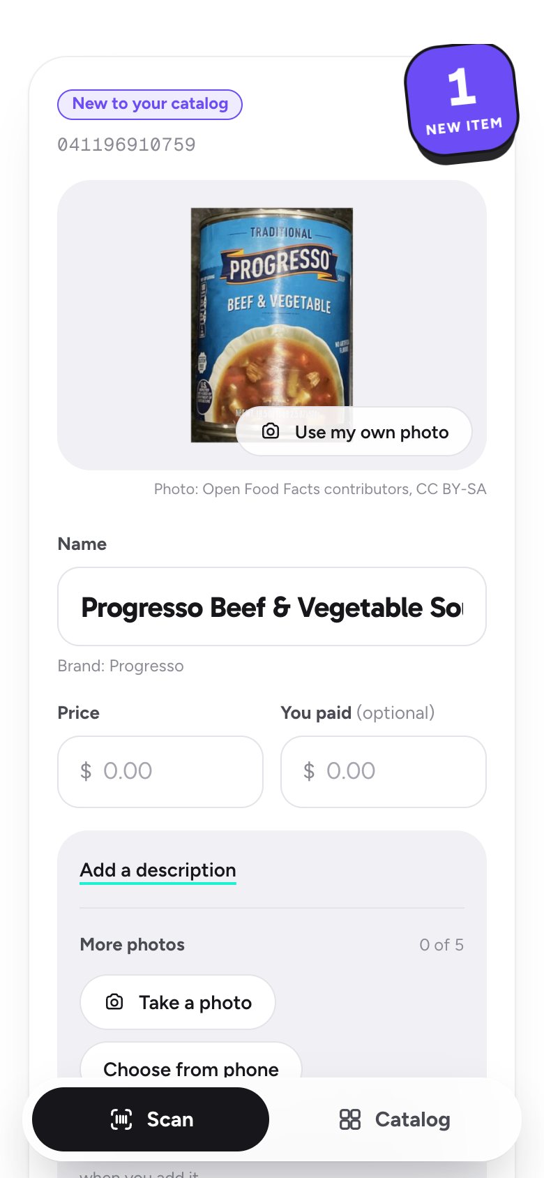 A new item, its name and photo already filled in