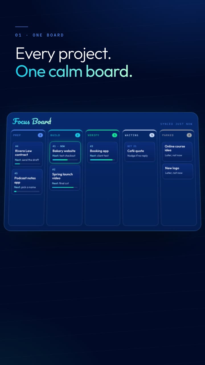 Focus Board, an AI project board, on a phone: every project on one board with the #1 project glowing