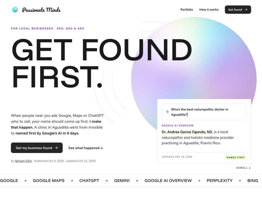 The SEO, GEO and AEO case study page, live: Get found first, the before and after that switches by itself, the results, Andrea's Google review, the 1-minute film, the seven steps each playing its own demo, and SEO, GEO and AEO in plain words