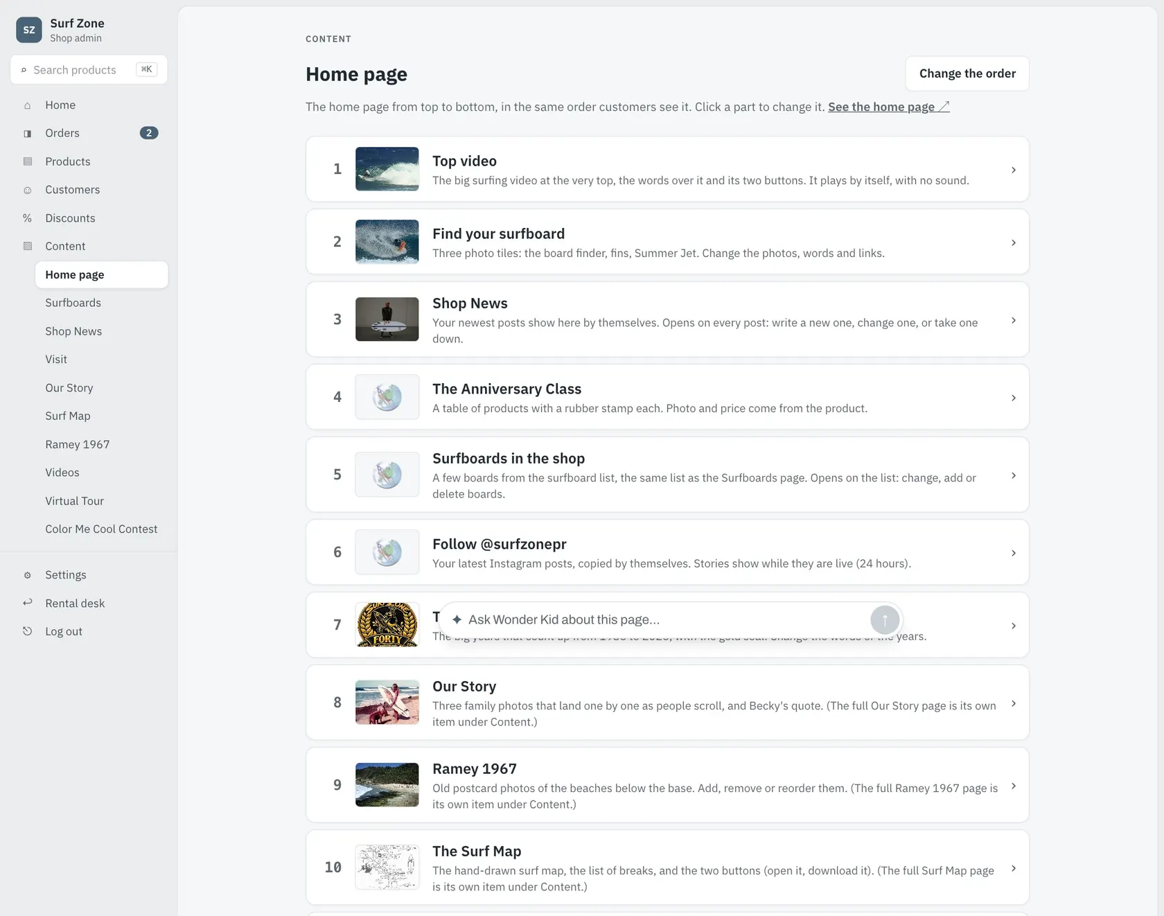 Website editor listing the home page sections in order