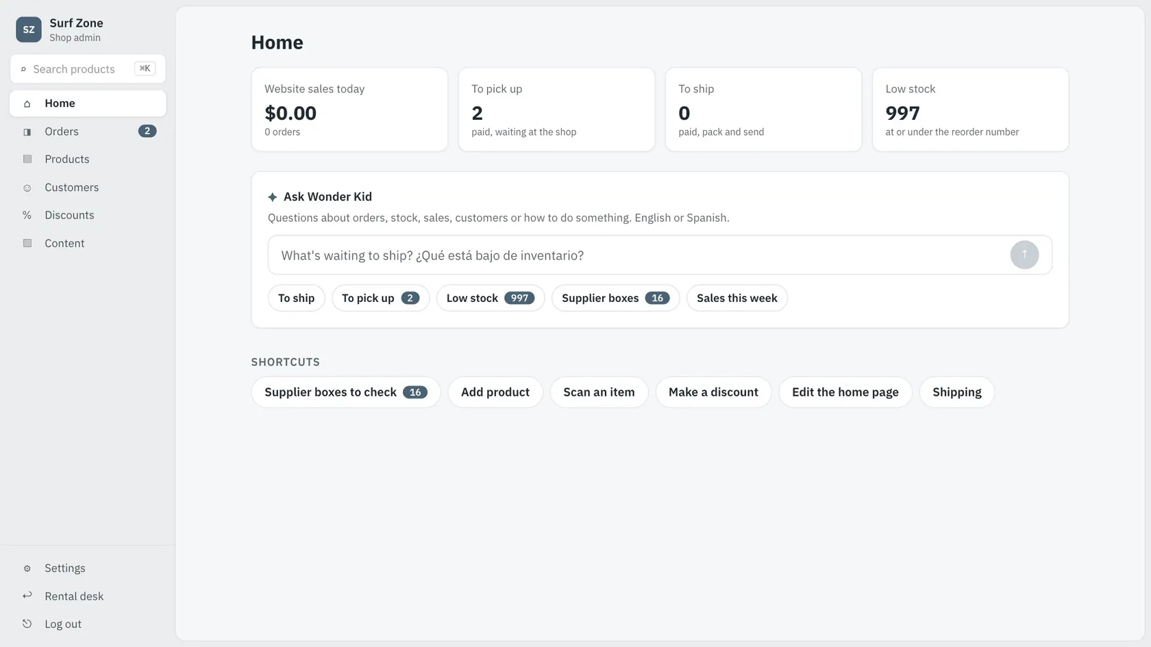 Shop admin dashboard with web sales, orders to pick up, low stock and Ask Wonder Kid
