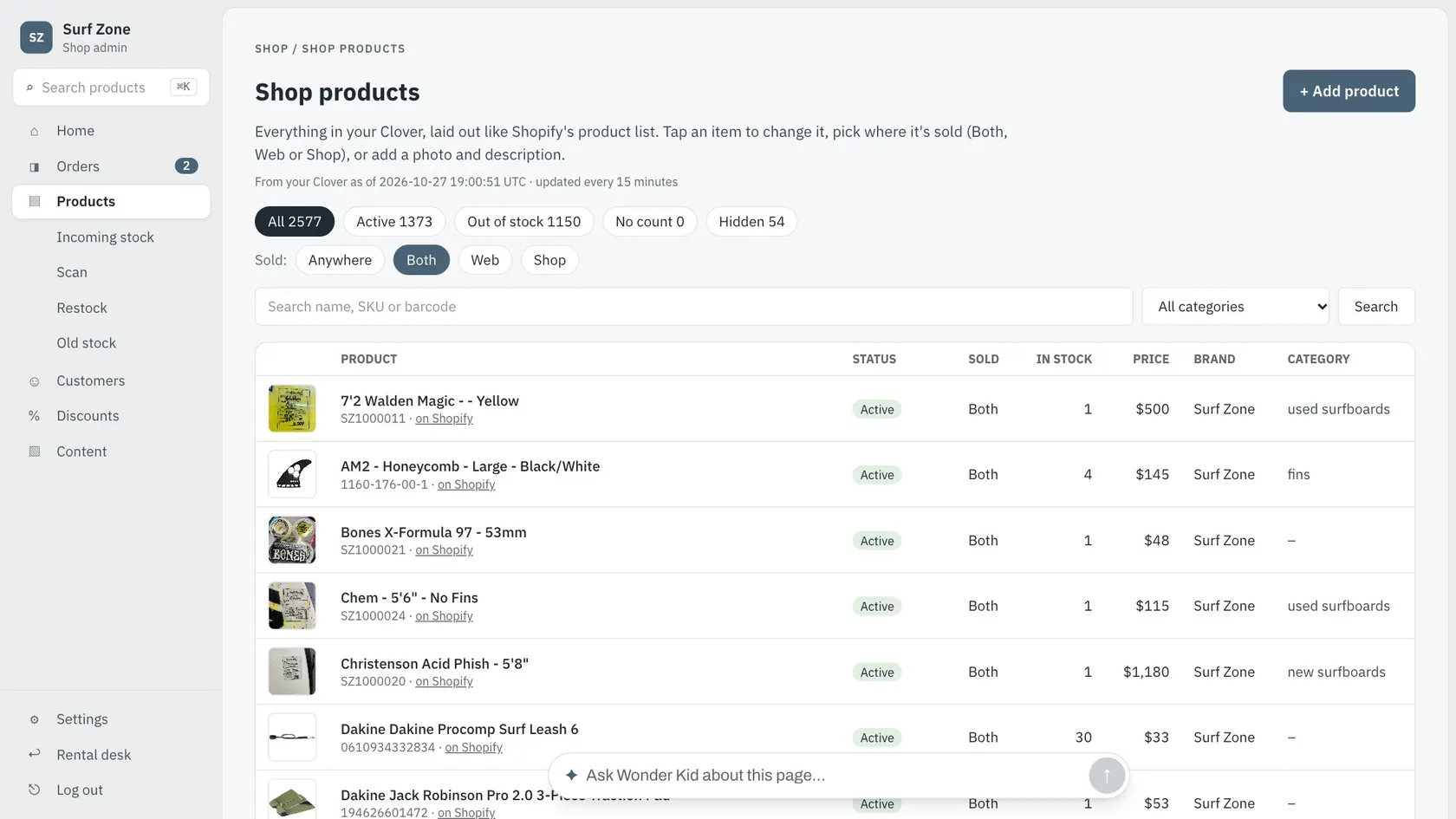 Shop products list with photos, where each item sells, stock and price