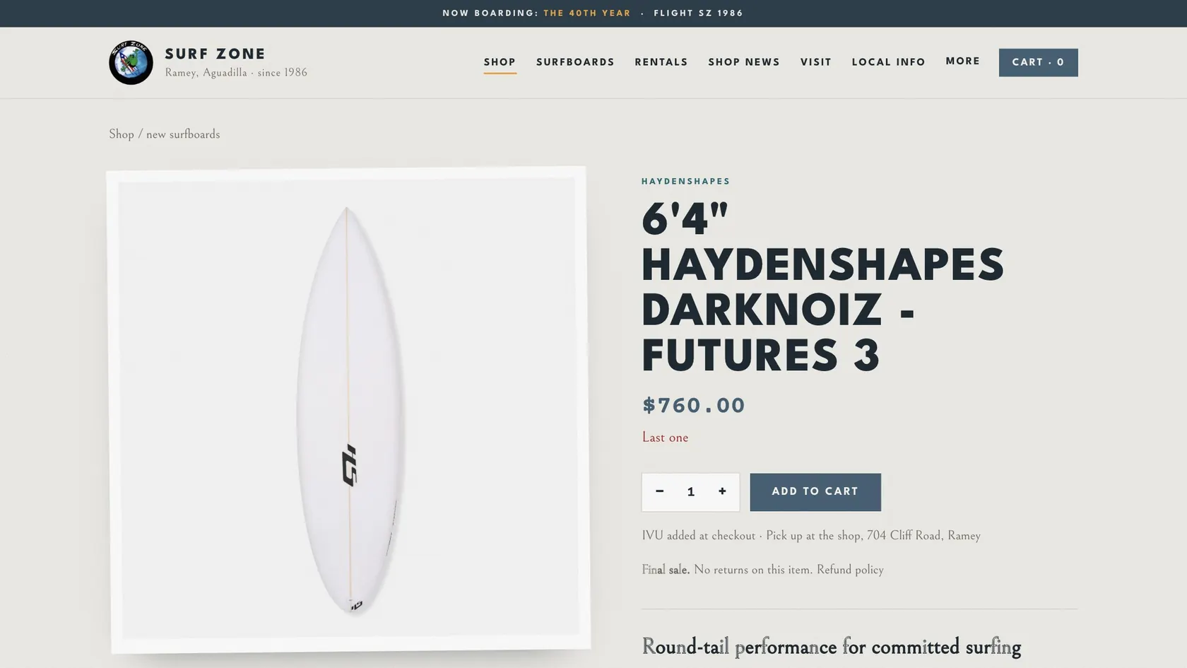 Surfboard product page with price and Add to cart