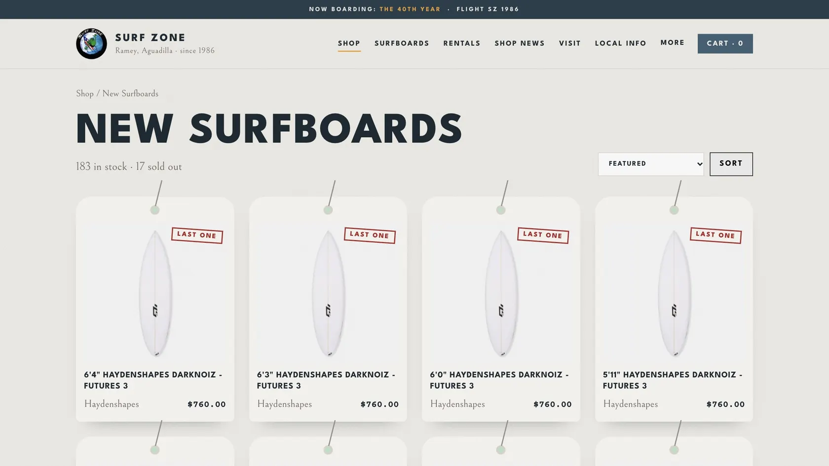 New Surfboards collection page with Last one tags