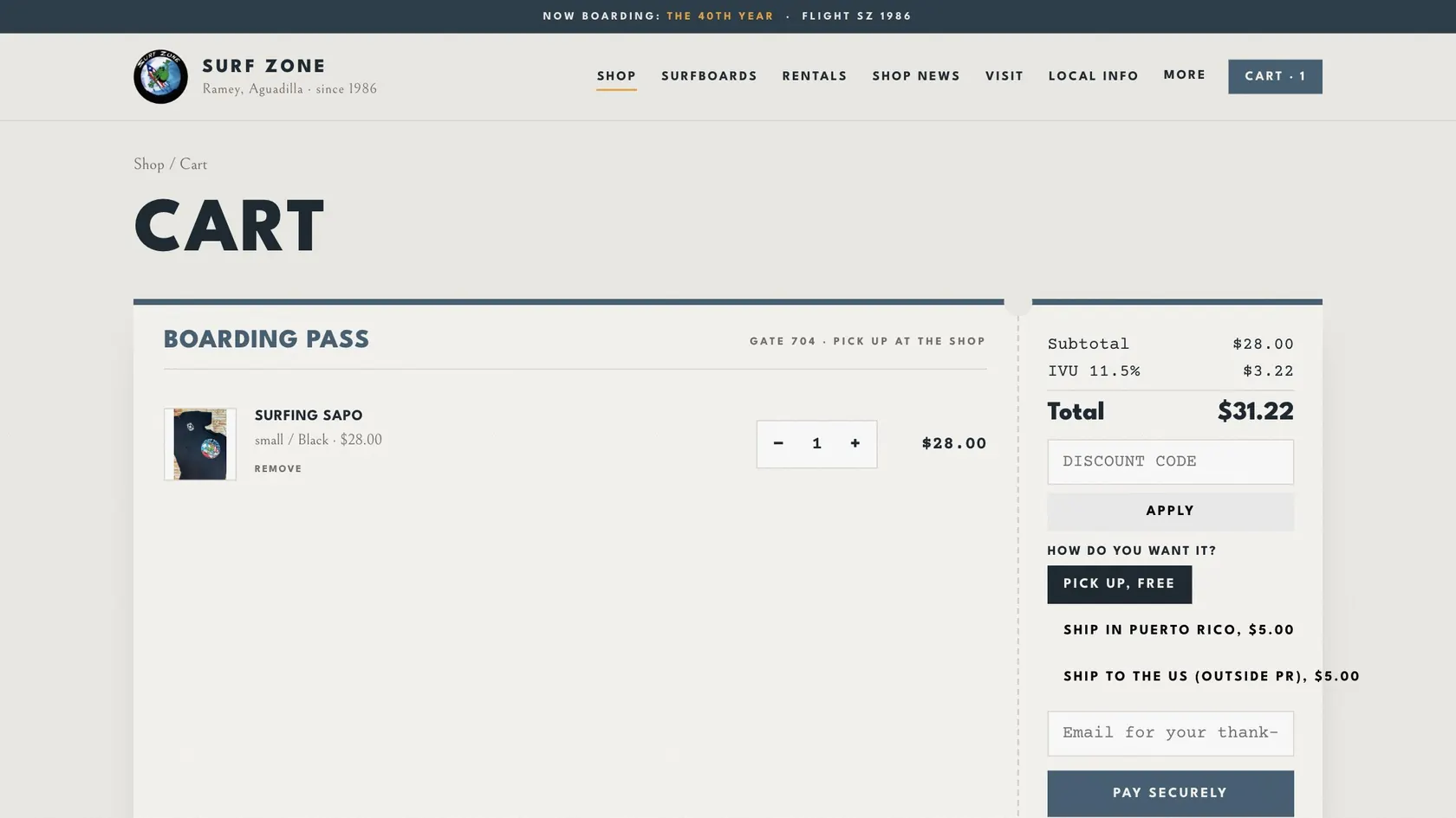 Cart styled as a boarding pass with pickup and shipping choices and Pay securely