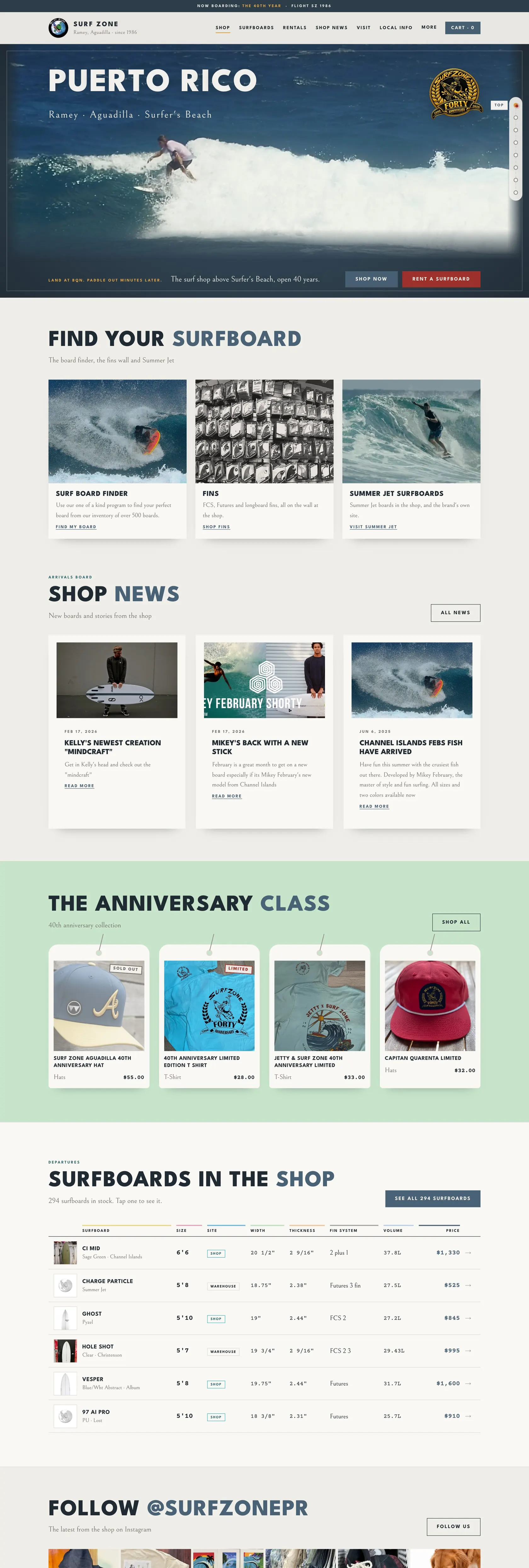 Surf Zone's new online store, built as a Shopify alternative: home page with the surf video, Find your surfboard, Shop News, the 40th Anniversary Class