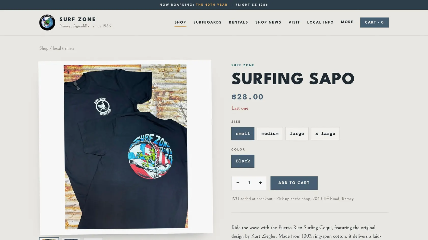 Product page for the Surfing Sapo shirt: price, sizes, Last one, Add to cart