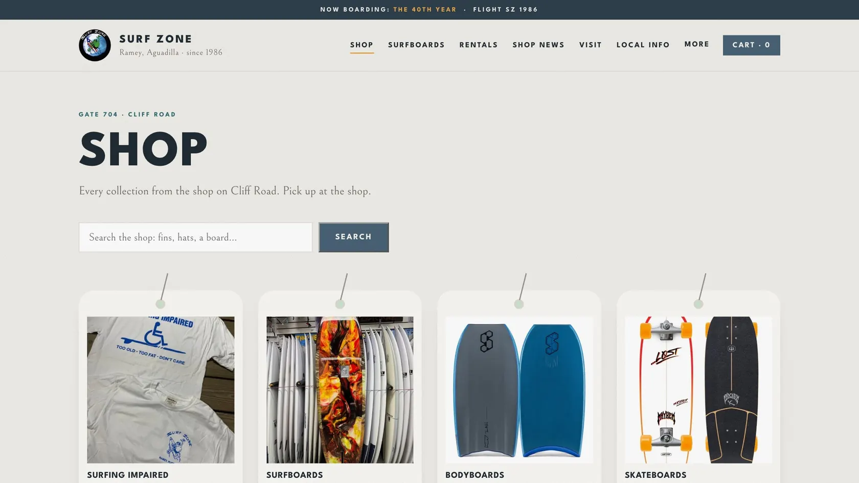 The Shop page: every collection from the shop on Cliff Road, with search