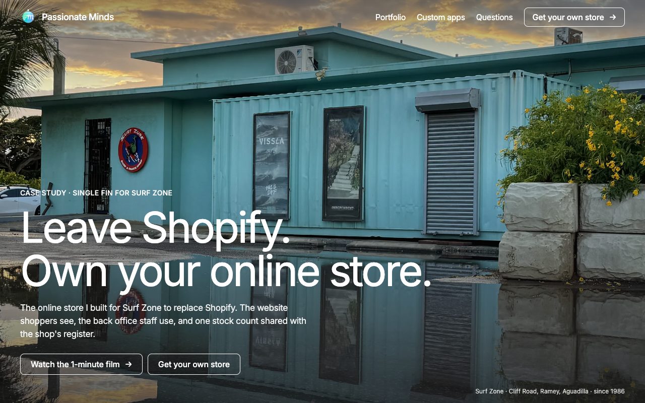 The Single Fin case study page, live: Surf Zone's shop front, the gift box that opens on their new store, the 1-minute film, six monthly bills, before and after, the front and back of the store, and the AI helper