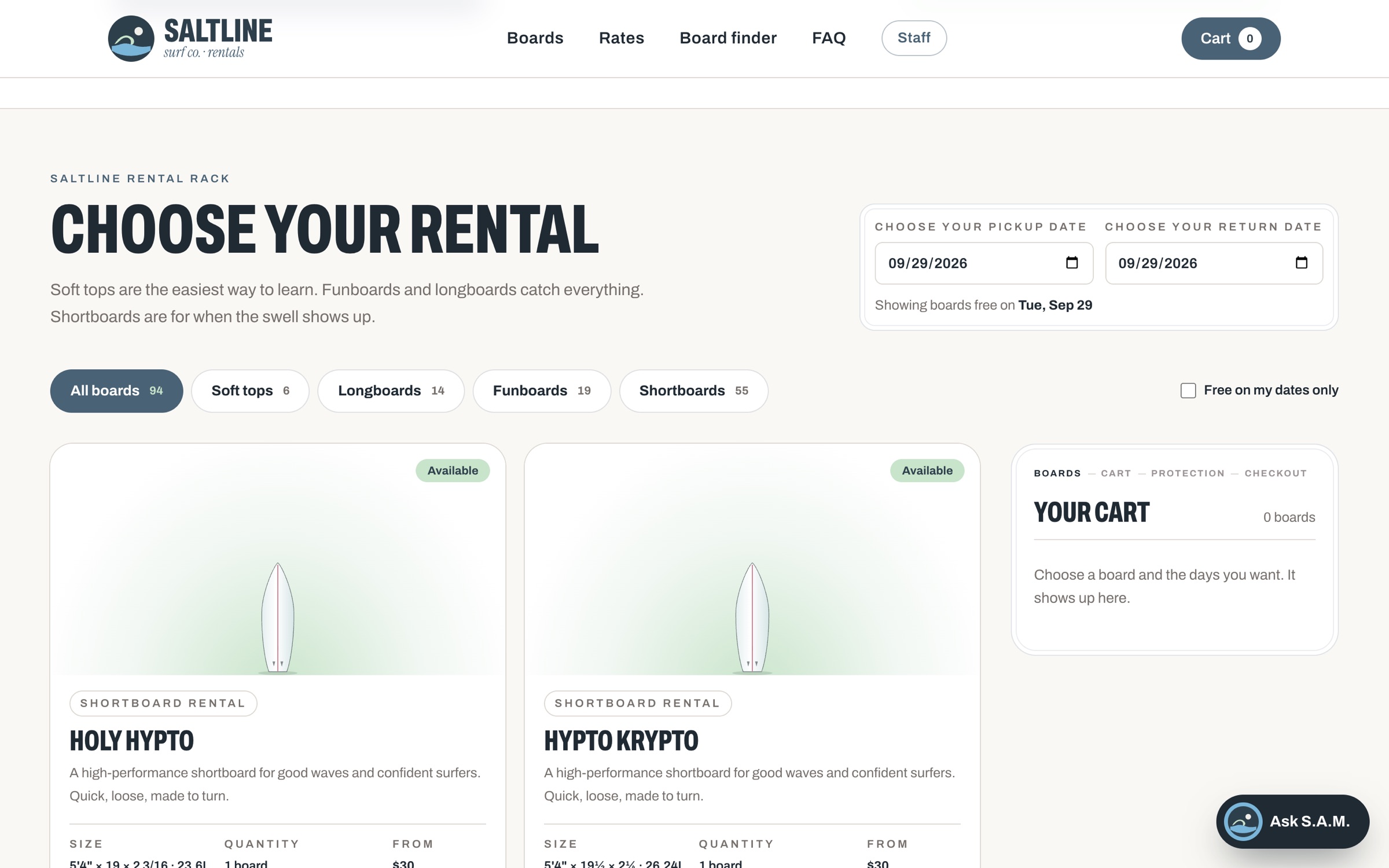The rental rack, filtered by board type