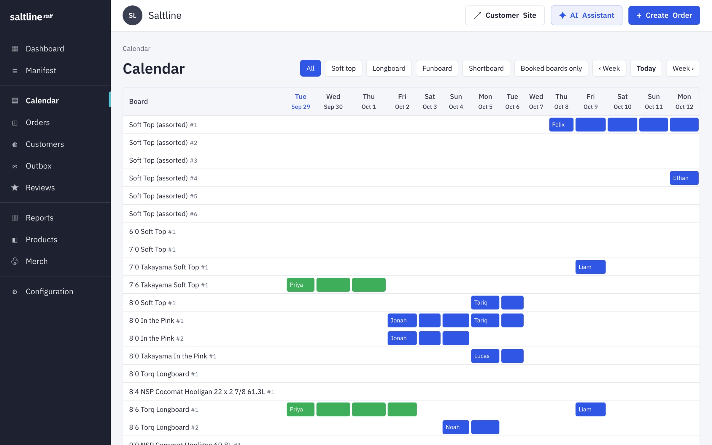 The calendar: every board as a row, bookings as blocks