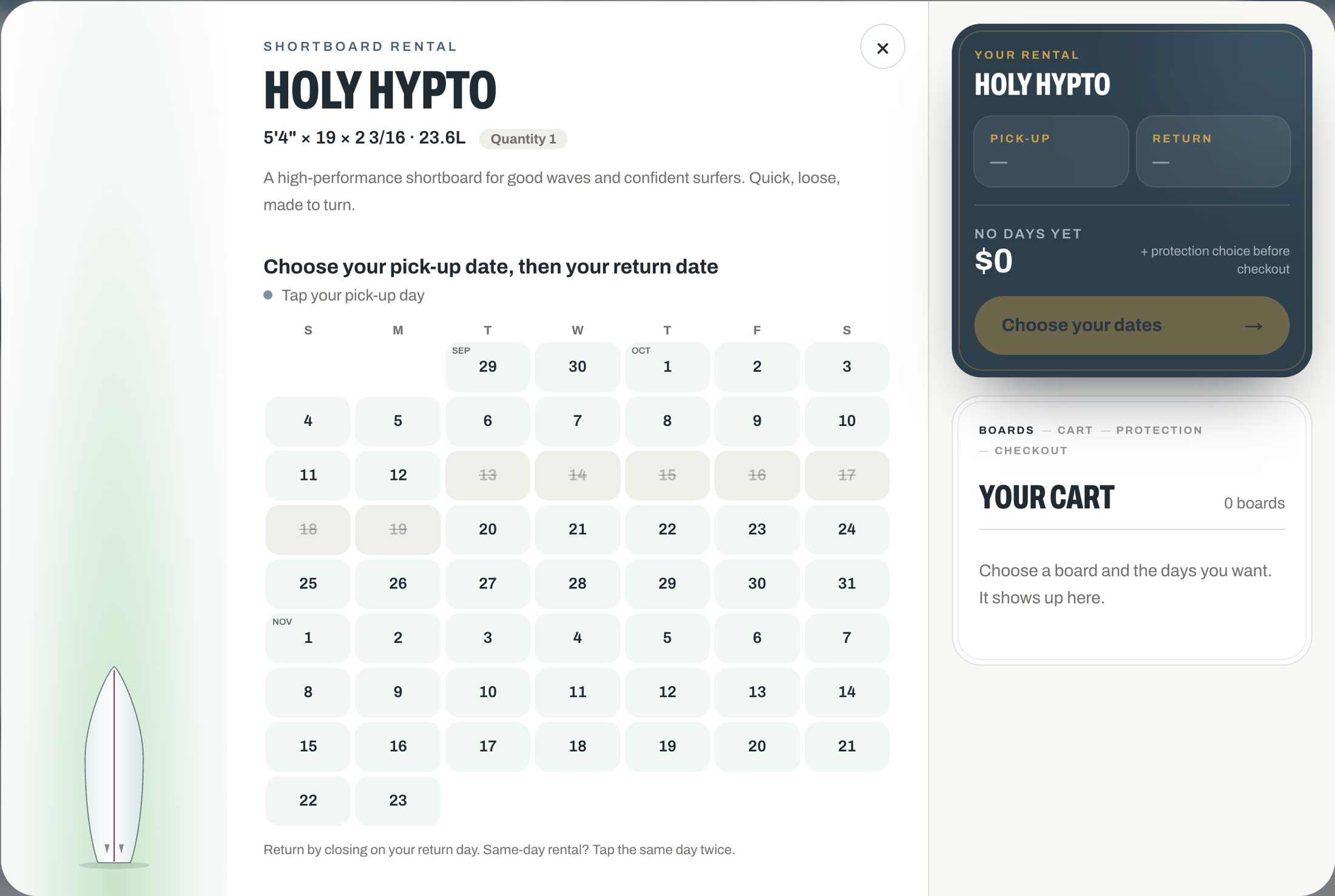 A board's own calendar, where the customer taps a pickup day and a return day