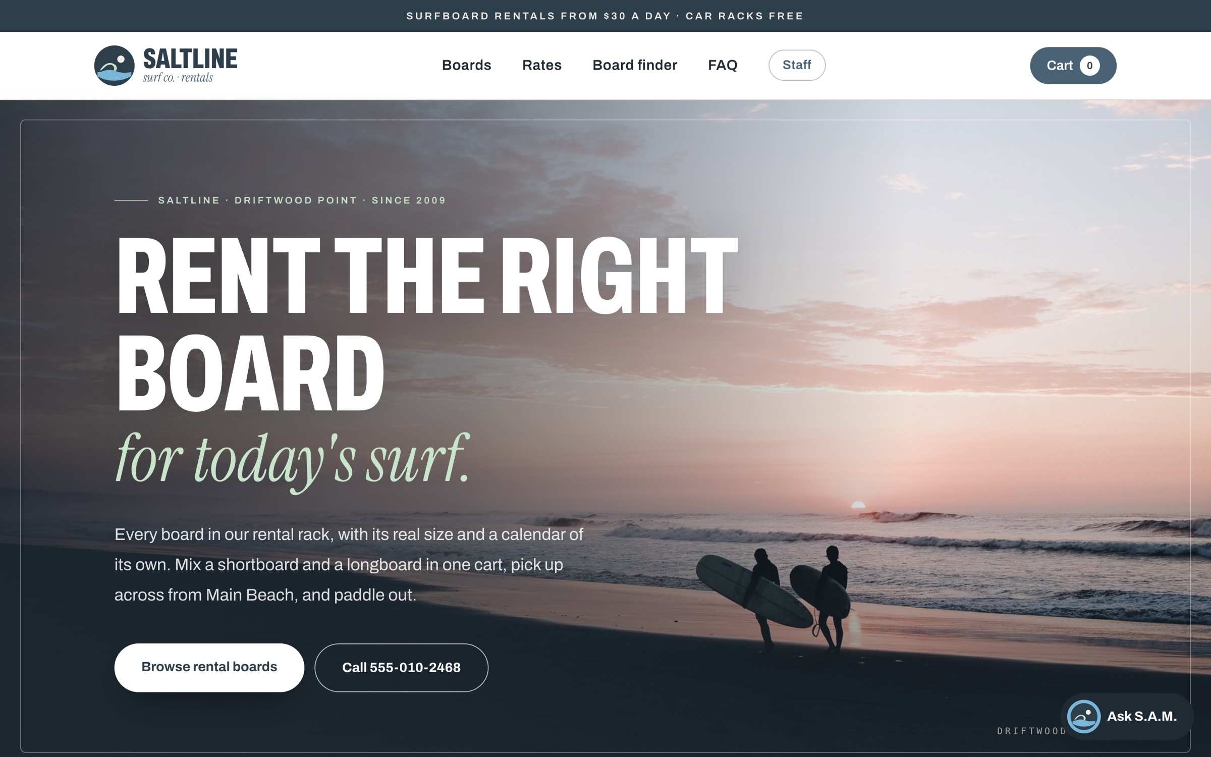 Custom apps for small businesses: surfboard rental booking software, the customer home page