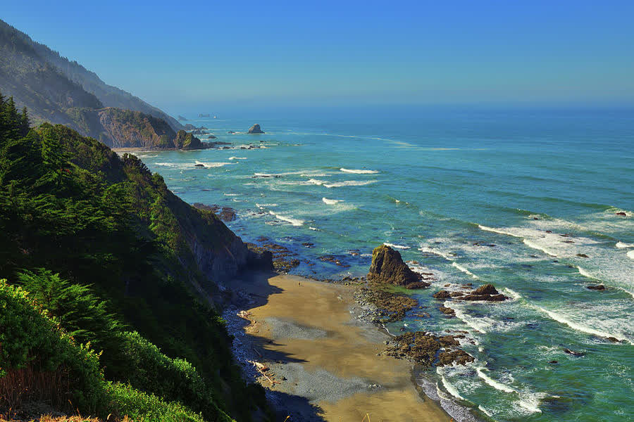 Forested mountains meeting the sea
